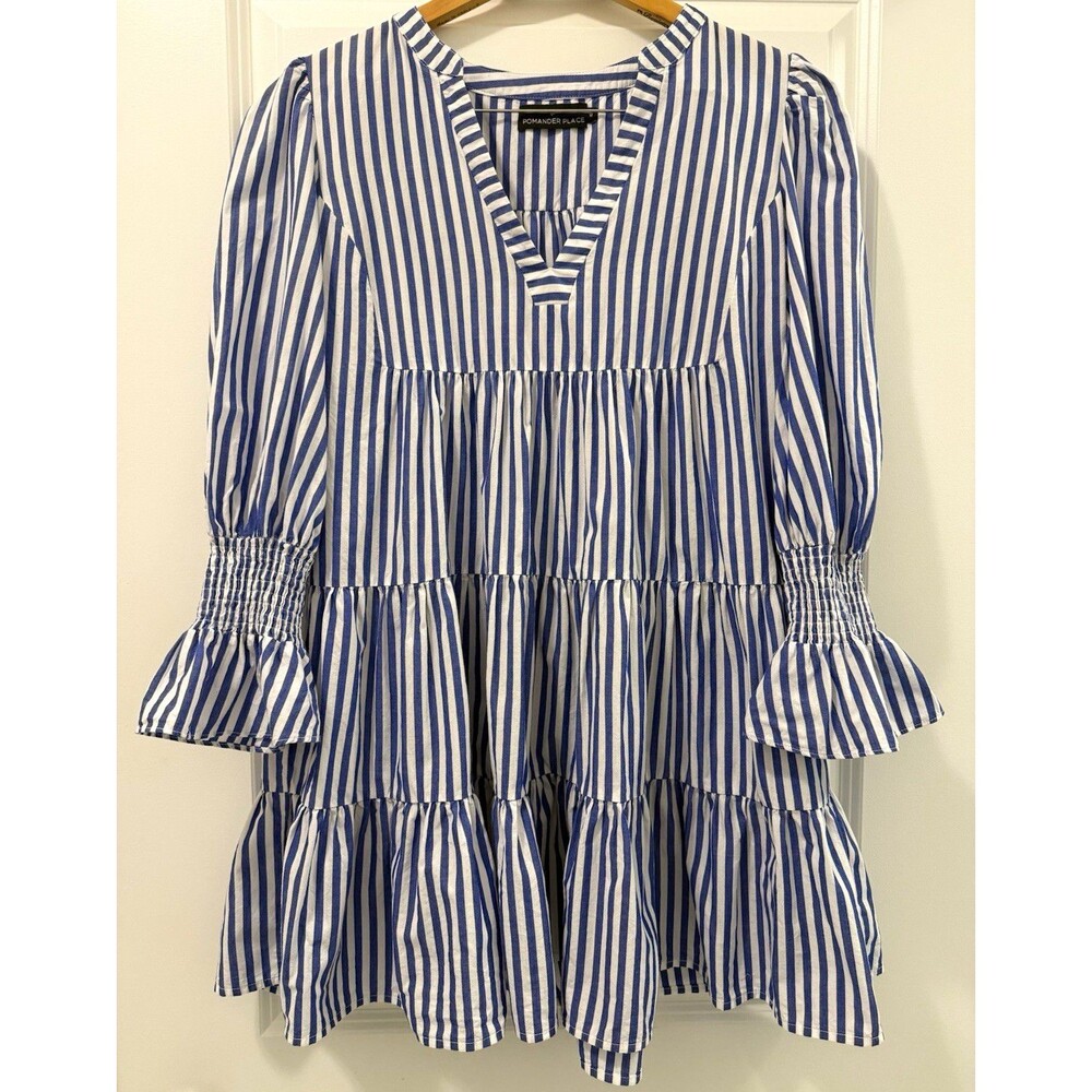 Pomander Place Tuckernuck Kenzo Dress M Blue White Stripe Cotton Poplin Mini